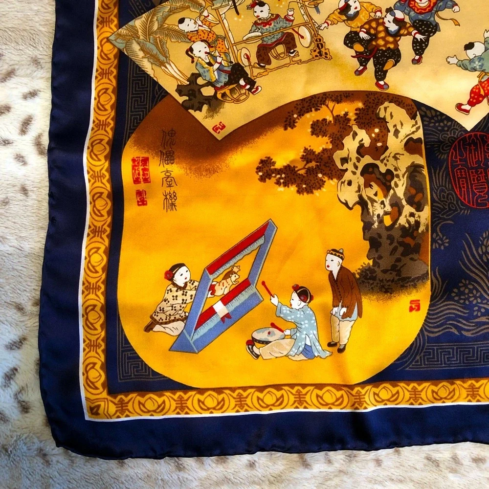 Vintage Chinese Japanese Silk Wrap Scarf Shawl - 40” Gold Blue Red Cream Brown